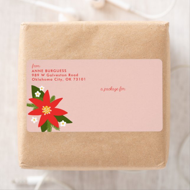 Pink Poinsettia Christmas Holiday Shipping Label (Insitu)