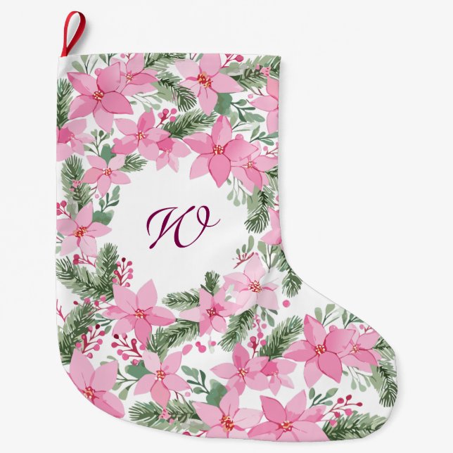 Pink Poinsettia Christmas Initial Monogram Large Christmas Stocking (Front)