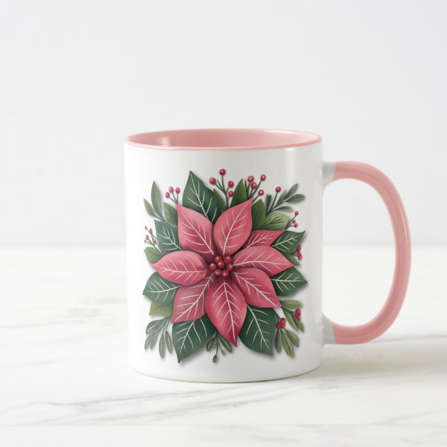 Pink Poinsettia Christmas Mug with Festive Foliage (Right)