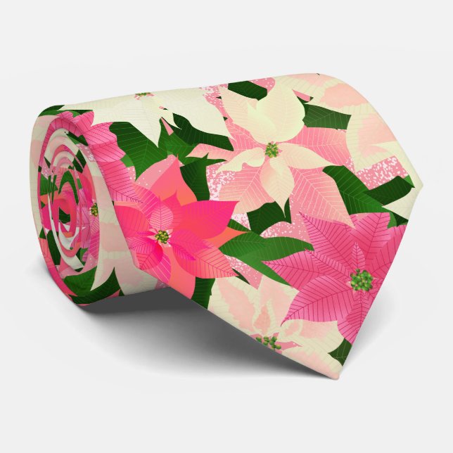Pink Poinsettia Christmas Tie (Rolled)
