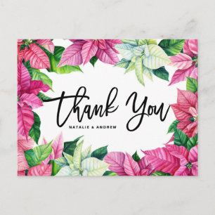 Pink Poinsettia Christmas Wedding Thank You Postcard