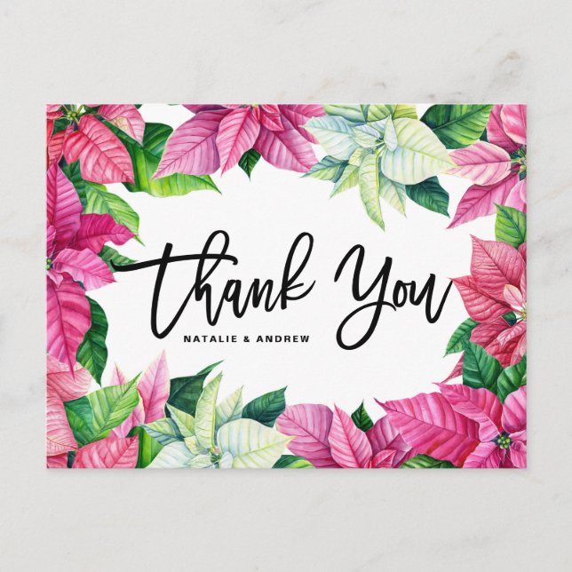 Pink Poinsettia Christmas Wedding Thank You Postcard (Front)