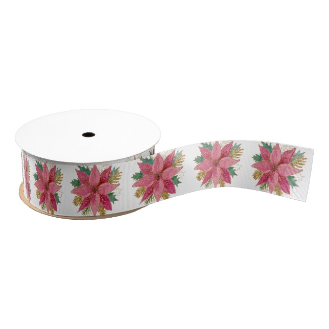 Pink Poinsettia Custom Background Colour Grosgrain Ribbon (Spool)
