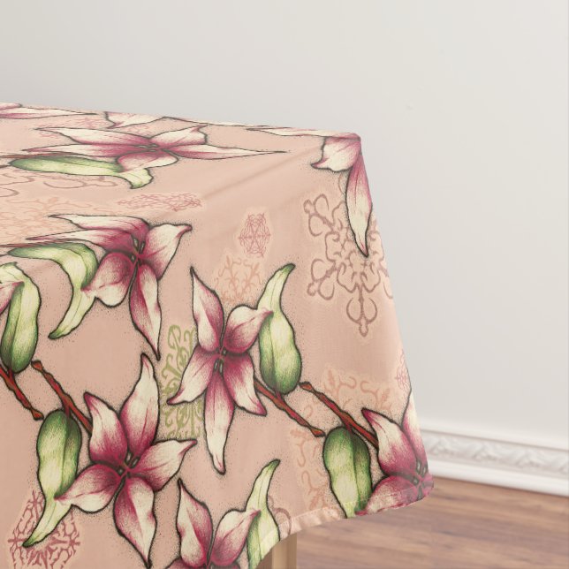 Pink Poinsettia Diagonal Stripe Christmas Tablecloth (In Situ)