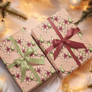 Pink Poinsettia Diagonal Stripe Christmas  Wrapping Paper Sheet