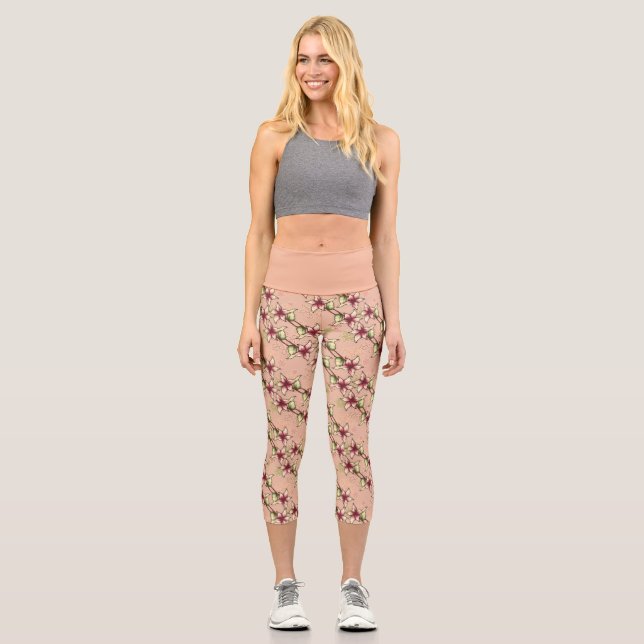 Pink Poinsettia Diagonal Striped Christmas Capri Leggings (Front)