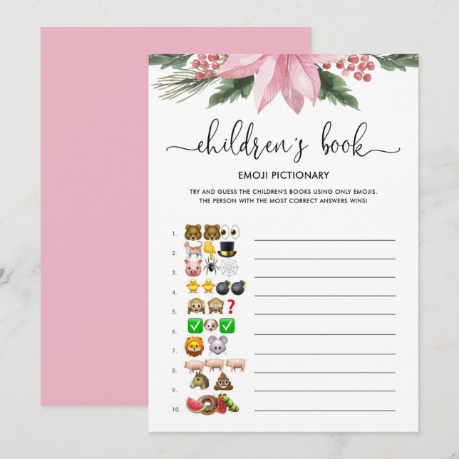 Pink Poinsettia Emoji Pictionary Baby Shower Game Invitation (Front/Back)