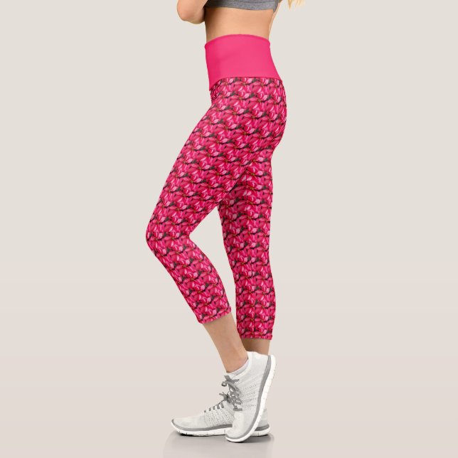 Pink Poinsettia Floral Pattern Capri Leggings (Left)