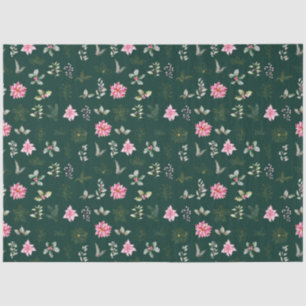 Pink Poinsettia Flowers and Foliage on Dark Green Tissue Paper