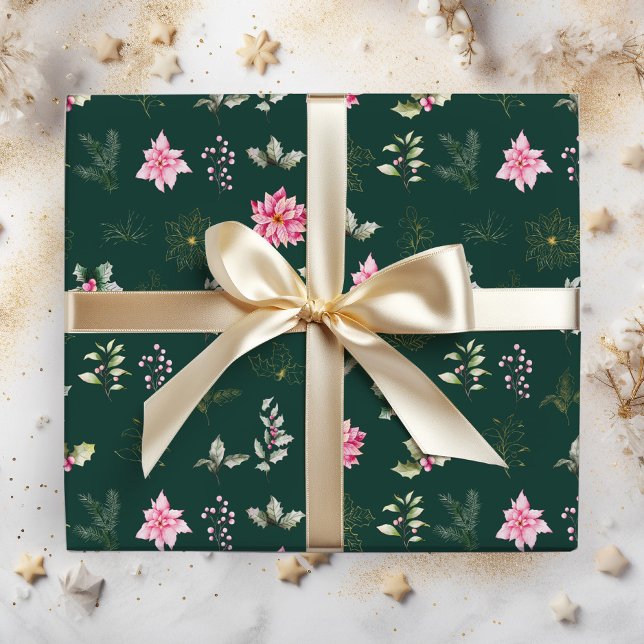 Pink Poinsettia Flowers and Foliage on Dark Green Wrapping Paper (Creator Uploaded)