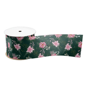 Pink Poinsettia Flowers on Dark Green Satin Ribbon