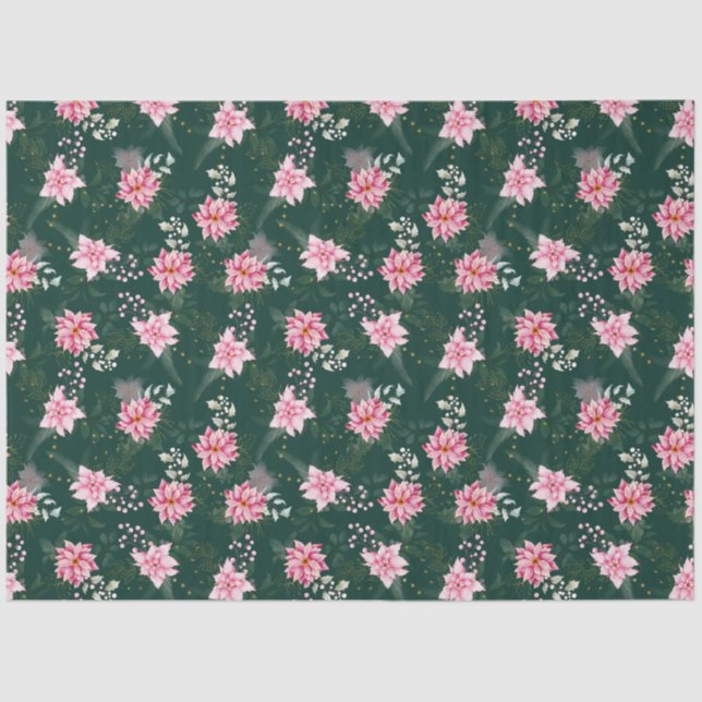 Pink Poinsettia Flowers on Dark Green Tissue Paper (Front)
