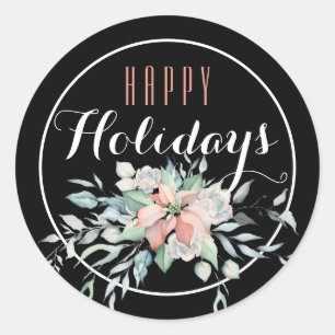 Pink Poinsettia Happy Holiday Classic Round Sticker