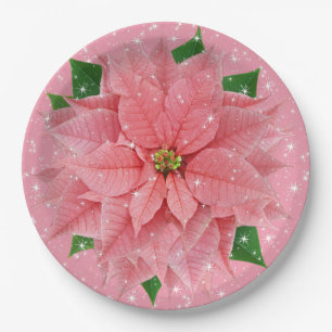 Pink Poinsettia Holiday Christmas Party Paper Plate
