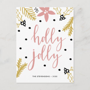 Pink Poinsettia Holly Jolly Photo Holiday Card