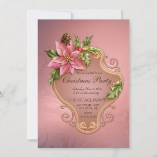 Pink Poinsettia Holly Pine Cones Satin Elegant Invitation