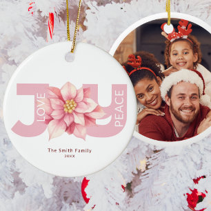 Pink Poinsettia Joy Christmas Photo Ceramic Tree Decoration