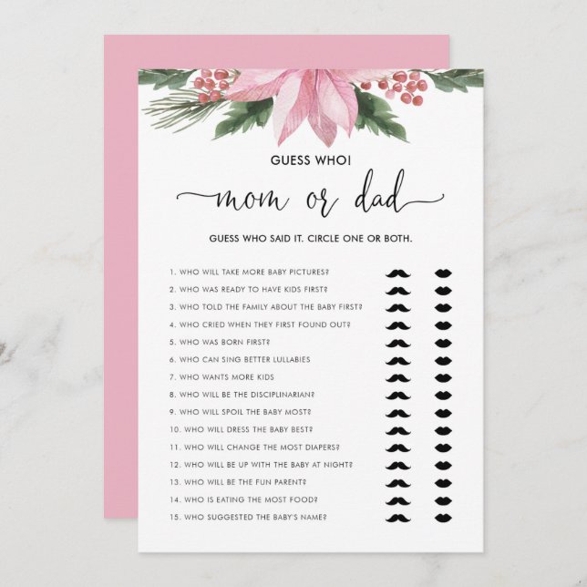 Pink Poinsettia Mum or Dad Baby Shower Game Card (Front/Back)