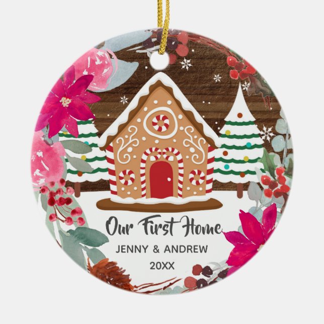 Pink poinsettia Our New Home Gingerbread Ornament (Front)