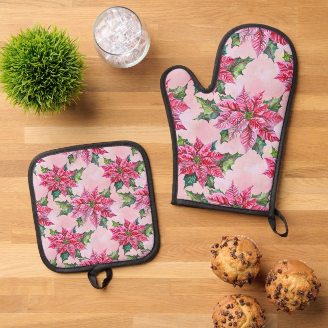 Pink Poinsettia  Oven Mitt & Pot Holder Set (Top Down)