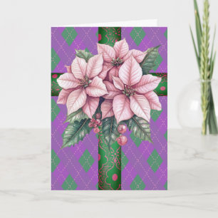 Pink Poinsettia Purple Plaid Green Cross Ribbon Card