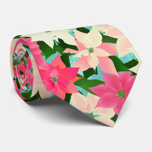 Pink Poinsettia Teal Christmas  Tie