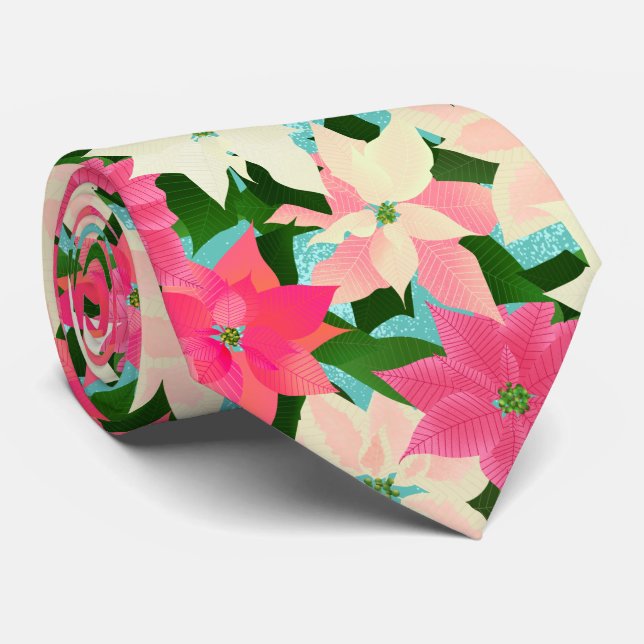 Pink Poinsettia Teal Christmas  Tie (Rolled)