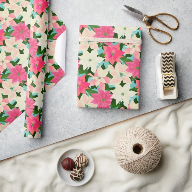 Pink Poinsettia Teal Christmas  Wrapping Paper (Crafts)
