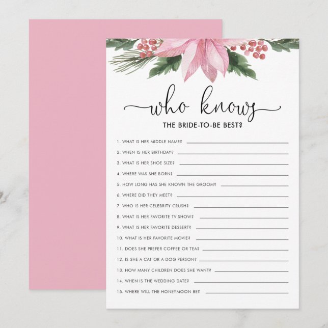 Pink Poinsettia Who Knows Bride Bridal Shower Game Invitation (Front/Back)