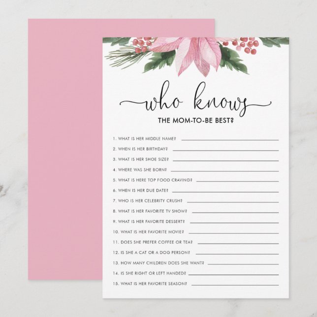 Pink Poinsettia Who Knows Mum Baby Shower Game Invitation (Front/Back)
