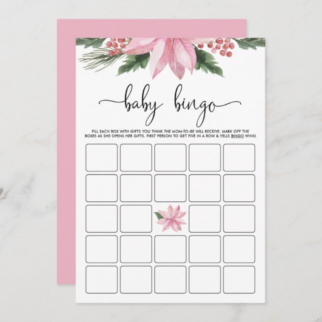 Pink Poinsettia Winter Baby Shower Bingo Game Invitation (Front/Back)