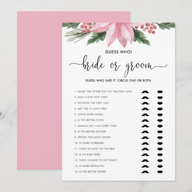 Pink Poinsettia Winter Bride or Groom Shower Game Invitation (Front/Back)