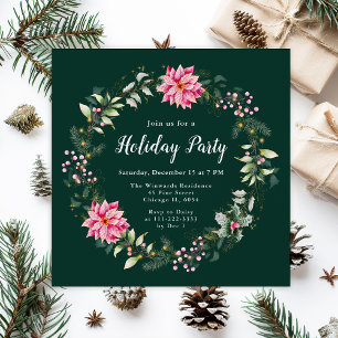 Pink Poinsettia Wreath Holiday Party Invitation