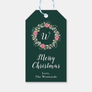Pink Poinsettia Wreath Merry Christmas Gift Tags