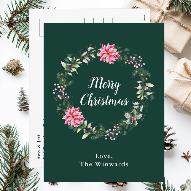 Pink Poinsettia Wreath Merry Christmas Holiday Postcard (Creator Uploaded)