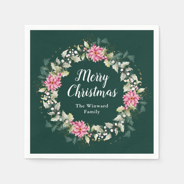 Pink Poinsettia Wreath Merry Christmas Napkin (Front)