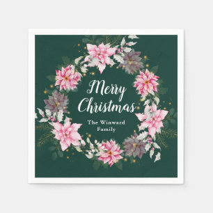 Pink Poinsettia Wreath Merry Christmas Napkin