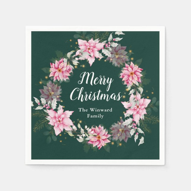 Pink Poinsettia Wreath Merry Christmas Napkin (Front)