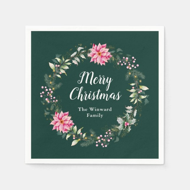 Pink Poinsettia Wreath Merry Christmas Napkin (Front)