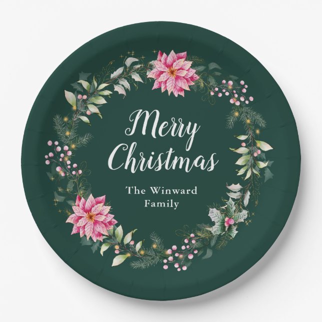 Pink Poinsettia Wreath Merry Christmas Paper Plate (Front)