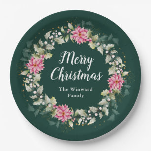 Pink Poinsettia Wreath Merry Christmas Paper Plate