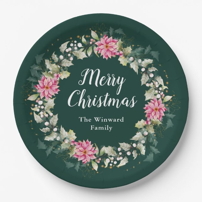 Pink Poinsettia Wreath Merry Christmas Paper Plate (Front)