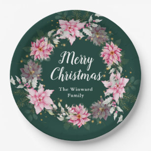 Pink Poinsettia Wreath Merry Christmas Paper Plate