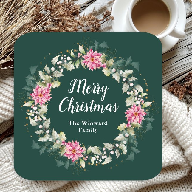 Pink Poinsettia Wreath Merry Christmas Square Paper Coaster (Creator Uploaded)