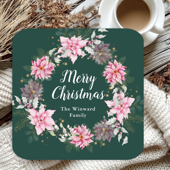 Pink Poinsettia Wreath Merry Christmas Square Paper Coaster (Creator Uploaded)