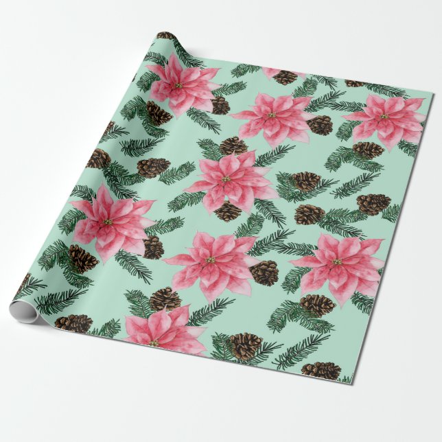 Pink Poinsettias and Pinecone Wrapping Paper (Unrolled)