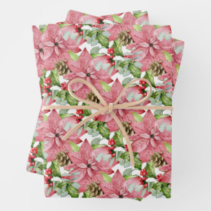 Pink Poinsettias and Pines Wrapping Paper Sheet