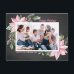 Pink Poinsettias Chalkboard Happy Holidays Photo Holiday Postcard<br><div class="desc">Happy Holidays! Send holiday greetings to family and friends with this customisable botanical postcard. It features watercolor illustration of pink poinsettias,  berries,  cotton and hollies on a faux chalkboard background. Personalise by adding photos and your own texts. This pink floral Christmas postcard is available in a variety of cardstock.</div>
