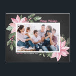 Pink Poinsettias Chalkboard Happy Holidays Photo Holiday Postcard<br><div class="desc">Happy Holidays! Send holiday greetings to family and friends with this customisable botanical postcard. It features watercolor illustration of pink poinsettias,  berries,  cotton and hollies on a faux chalkboard background. Personalise by adding photos and your own texts. This pink floral Christmas postcard is available in a variety of cardstock.</div>