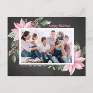 Pink Poinsettias Chalkboard Happy Holidays Photo Holiday Postcard